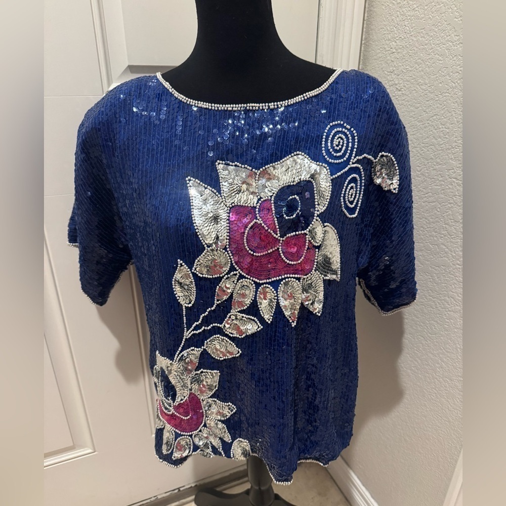 Jean for Joseph Le Bon Blue beaded Sequin Floral Top size large